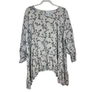 Match Point Linen Tunic Blouse Womens Large Gray Black Floral Top Asymmetrical L